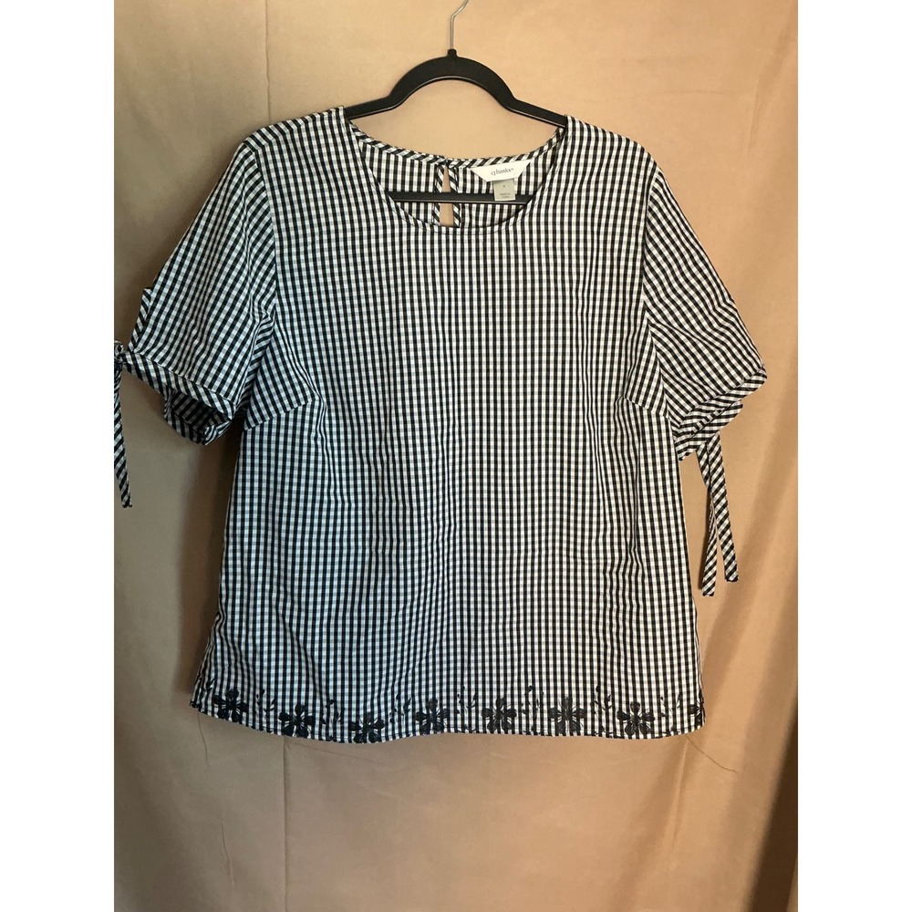 CJ Banks Gingham Top Womens X Black Excellent Floral Embroidered Tie Sleeve